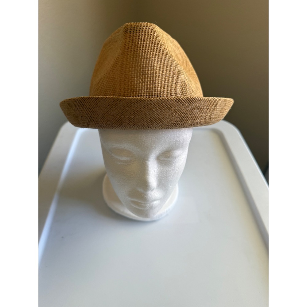Aldo Tan Woven Straw Trilby Fedora Hat Navy Striped Band Small Medium